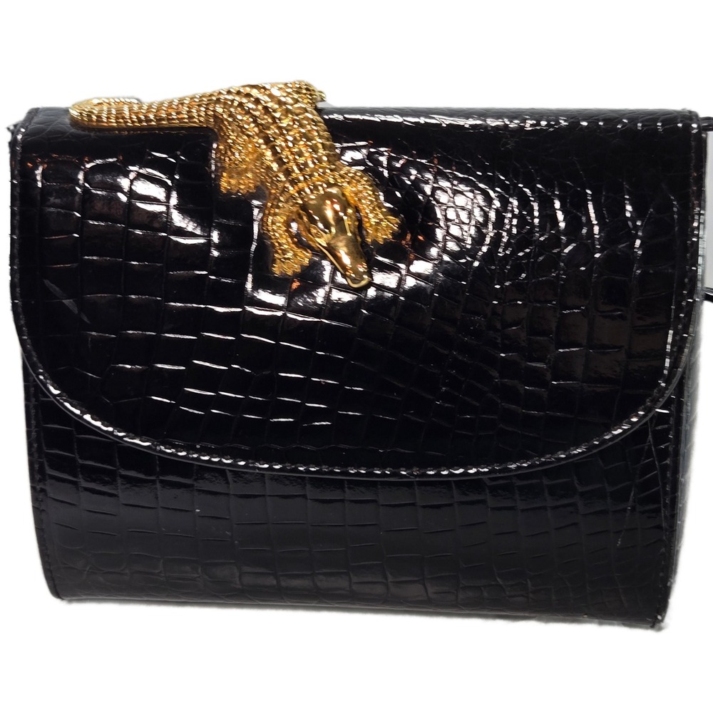 Sasha Vintage Croc Embossed Faux Leather Purse Brass Crocodile Figure Clasp Rare